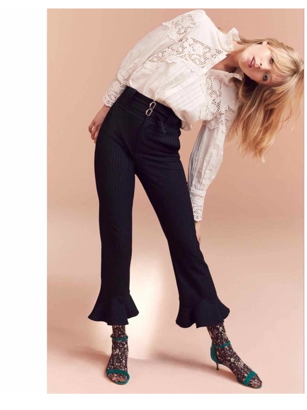 Rebecca Taylor Black Pinstripe
Ruffle Hem Wool Trousers Double
Buckle Waist 12 - Picture 5 of 8